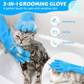 Pet Grooming Gloves & Brush Kit – 2-in-1 – Dog Washing Gloves Deshedding and Bathing Set for Dogs & Cats – Soft, Heat-Resistant, Easy to Clean – Massage Gloves & Scrubber Brush for Pets