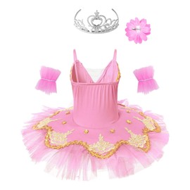 winying Girls Ballet Dance Outfit Faux Fur Sequins Swan Tutu Dress with Fingerless Gloves Hair Clip Set Pink b 12