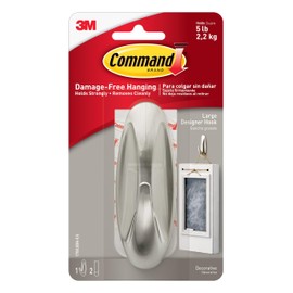 Command Large Designer Hook, Holds up to 5 lb, 1 Wall Hook with 2 Command Strips, Brushed Nickel Color, Damage Free Hanging Hooks for Hanging Decorations in Living Spaces