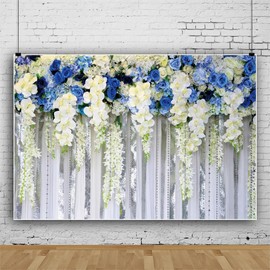 ChloropLastid Blue White Flowers Wedding Backdrop 10x6.5ft Vinyl Vine Flower Wall Photography Background Blue White Floral Curtain Wedding Ceremony Bridal Shower Party Decorations Banner Photo Props
