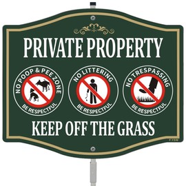 Private Property Keep Off Grass No Poop Pee Zone No Littering No Trespassing Sign 12" x 10" With 28" Long Metal Stakes Curb Your Dog Aluminum Outdoor Use Yard Lawn Home