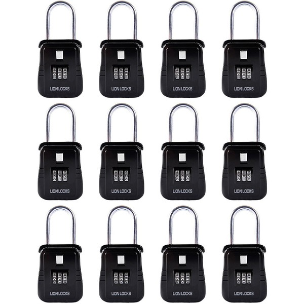 Lion Locks 12-Pack Alpha Key Storage Lockbox, Set-Your-Own Code Lock, Portable Key Holder, Rust-Proof Secure Outdoor Safe, Hide-a-Key Safe Box, Lock Box, Airbnb, Construction (12-Pack/Black)