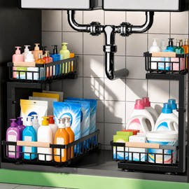Under Sink Organizer, Pull Out Kitchen Storage Cabinet Organizer, 2-Tier Metal Slide Out Shelf for Bathroom Laundry Kitchen Storage with Drawers, 11.8"W x