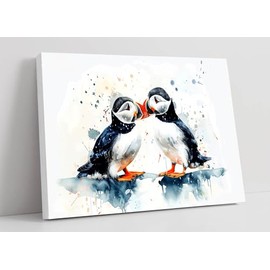 Watercolor cute puffin couple in love 2 Canvas Wall Art Picture Print - 12 inch wide x 8 inch high (Frame Depth 30mm)