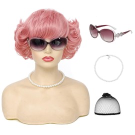 Atatoray Old Lady Wig for Women Short Curly Silver Grey Granny Wigs for Costume Cosplay themed Party (Pink)