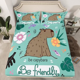 Capybara Fitted Sheet Single Size, South America Animal Bedding Set 2pcs for Kids Boys Teens, Tropical Flowers Leaves Birds Bed Cover with 1 Pillowcase, Soft Polyester Bedding