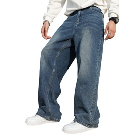 DFGIGT Men's Baggy Hip Hop Jeans Wide Leg Skater Denim Pants Casual Loose Fit Long Trousers Streetwear Jinco Oversized Relaxed Y2k 2000s Extreme Motion Skateboard,A12 Blue,X-Large
