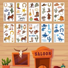 Boerni Tatuajes Temporales de Vaquero Del Oeste, 10 Láminas de Tatuajes Temporales Impermeables de Vaquero Y Vaquera Del Lejano Oeste con Cactus, Caba
