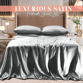 Elegant Comfort Luxurious 4-Piece Silky Satin Sheet Set, Skin and Hair Friendly, Wrinkle, Fade, Stain Resistant with Deep Pockets Fitted Sheet, Cooling Soft Satin Sheet Set, Cali King, Gray