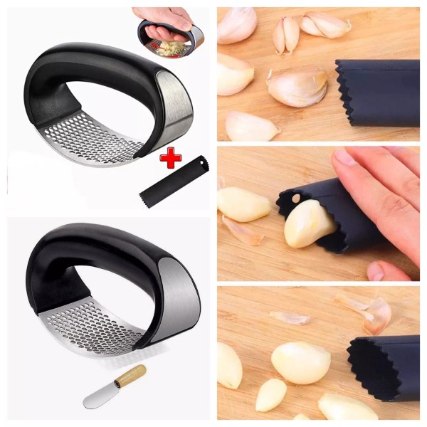 Kitchen Garlic Press rocker Stainsteel Garlic Crusher Black Peeler and