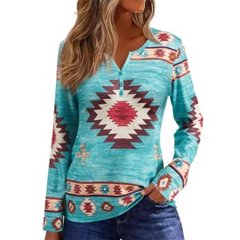 Bellelily Womens Long Sleeve Tops Western Outfit Cowgirl Shirts Ladies Aztec Print Graphic Tee Casual V Neck Loose Fit Blouse