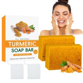2PCS Turmeric Soap, Natural Turmeric Soap Bar, Handmade Kojic Acid Soap for Face & Body, Dark Spot Acne Blackheads Remover, Moisturizing Erase Fine Lines, Gentle Vitamins C Soap with Foaming Nets
