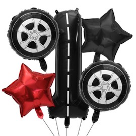 lasuroa 5pcs Race Car Birthday Party Balloons, Includes Number 1 Race Car 2 Tire Balloons and Stars Ornaments for Racing Themed Party Decorations