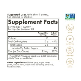Solgar Zinc Gummies 60 Count Immune Support 25mg Vegan Sugar Free Mixed Berry