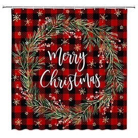 Merry Christmas Shower Curtain Christmas Wreath Snowflake Black and Red Buffalo Check Plaid Xmas Berry Winter Holiday Happy New Year Fabric Bathroom Decor Set with Hooks（70" WX70 H）