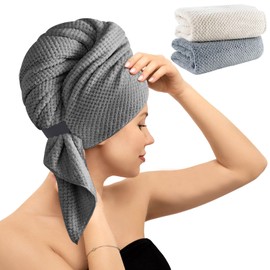 LIOUCBD 2 Pack Microfiber Hair Towel Wrap for Women, 39” x 24” Quick Dry Towel with Elastic Strap, Super Soft Plopping Towel Curly, Long Thick Hair Turbans for Wet Hair Anti Frizz (Grey, Camel)
