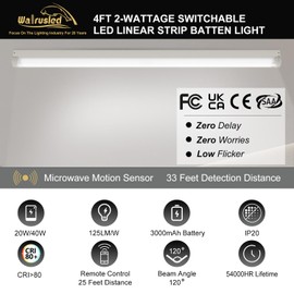 4FT Tri-Level Motion Sensor LED Linear Strip Emergency Stairwell Light w/Remote, 20W/40W 2500lm/5000lm, Battery Backup, 5000K, IP20, 100-277V Dimmable 4 Foot Commercial Shop Ceiling Light Fixture, FCC