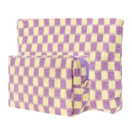 BUNCHBRAVO Checkered Makeup Bag Set of 2, Knitted Fabric Cosmetic and Toiletry Pouch with Zipper, Boho Plaid Travel Organizer, Purple and Beige