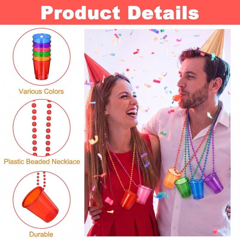 48 Pack Plastic Shot Glass Necklaces Party Favors 6 Colors,2Oz