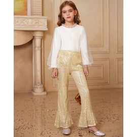 GRACE KARIN Girls Sequin Pants Gold Sparkling Trouser Sparkle Dance Bell Bottoms Size 6-7