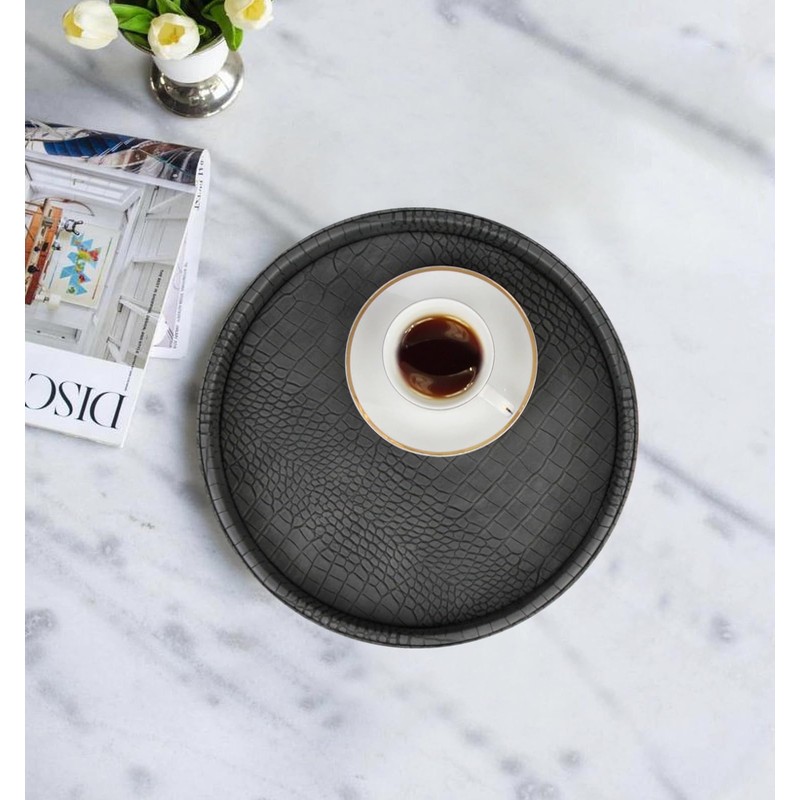 HofferRuffer Faux Leather Round Serving Tray, Vegan Croco Leather Decorative