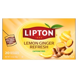 Lipton Lemon Ginger Tea Bags, caffeine free Tea, Refresh Fruit and Herbal Tea, Individually Wrapped, 80 Total tea Bags (20ct - Pack of 4)