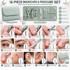 16-Piece Manicure Set with Travel Case, Professional Nail Clippers and Cuticle Nipper Kit, Portable Manicure Pedicure Grooming Tools for Home and Travel