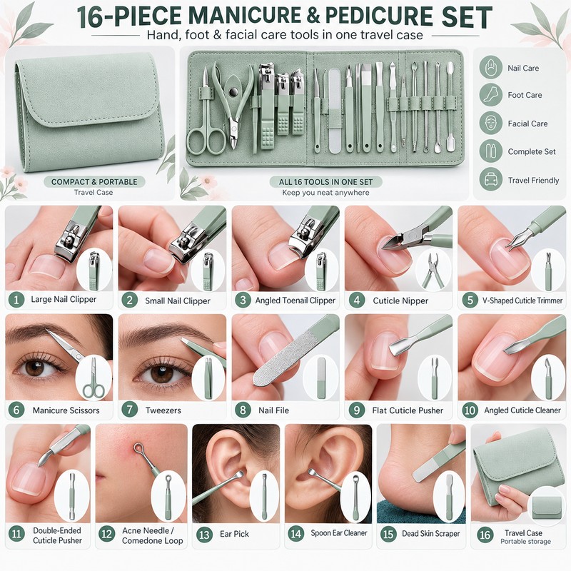 16-Piece Manicure Set with Travel Case, Professional Nail Clippers and