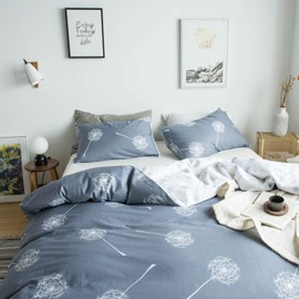 YuHeGuoJi 3 Pieces Duvet Cover Set 100% Cotton King Size Gray Dandelion Floral Bedding 1 White Grey Reversible Print Duvet Cover with Zipper Ties 2 Pillowcases Luxury Quality Soft Breathable Easy Care