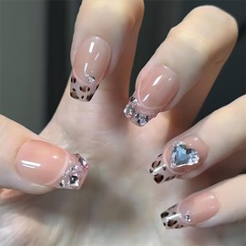 QQPPOLIU Medium Press on Nails Pink Acrylic Nails with Rhinestones and French Tip Design Cute False Nails for Daily 24pcs