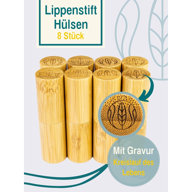 Wachsmann, Lipstick Sleeves Empty Pack of 8 Bamboo Case with