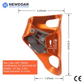 NewDoar Rock Climbing Chest Ascender Abdominal for Vertical Rope Climbing CE Certified Rope Clamp for 8~13MM Rope-Orange