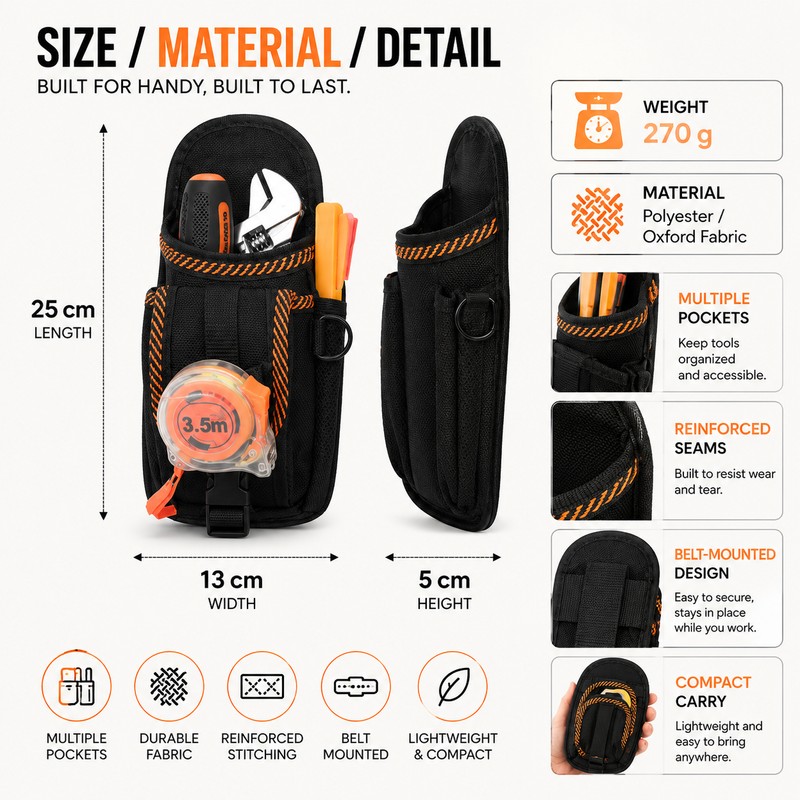 Tool Pouch Organizer for Work Belts – Multi-Pocket Oxford Fabric