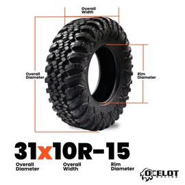 Ocelot Aurora ATV UTV Tire 31 x 10R–15 For All Terrain Style Riding, Durable 8-Ply Radial Construction and Non-Directional Tread Pattern with Thick lugs for Diverse Terrain and Conditions