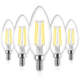 Ascher E12 Candelabra LED Light Bulbs 60 Watt Equivalent, Daylight White 5000K, Non-Dimmable, 550 Lumen, Clear LED Filament Candle Bulbs, Pack of 5