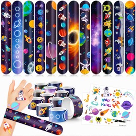 48PCS Space Party Favors 24PCS Tattoos 24PCS Slap Bracelets Wristbands Themed Birthdays Party Supplies Decorations Decor UFO Astronaut Stars Pattern Gifts School Classroom Prize Exchange for Kid Boy