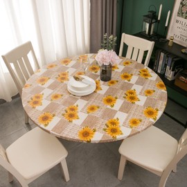 Round Vinyl Fitted Tablecloth with Flannel Backing Elastic Table Cloth Waterproof Oil-Proof Plastic Table Cover Sunflower