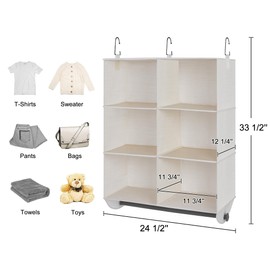 StorageWorks Hanging Closet Organizer with Metal Rod, 6-Section Closet Organizers and Storage, Collapsible Hanging Shelves for Baby Clothes, Shoes, Sweater Storage, Ivory and White