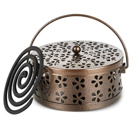 Whiidoom Retro Portable Iron Mosquito Coil Holder with Handle Round Fireproof Incense Holder (Bronze)