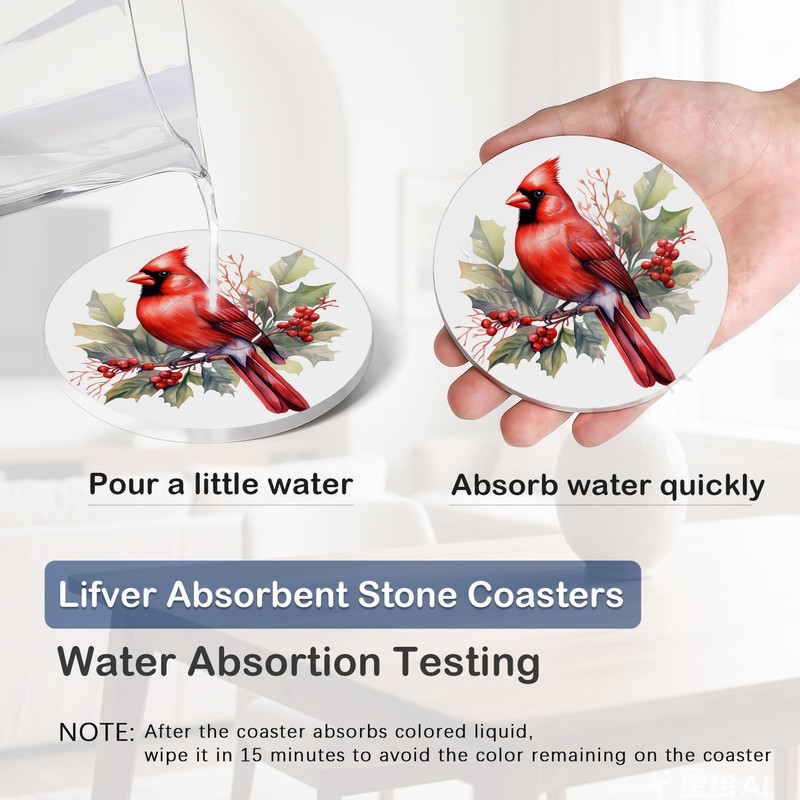 Bird Cardinal 6Pack Ceramic Drink Coasters,Quick-Absorb Stone Coasters with Anti-Slip