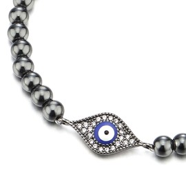 COOLSTEELANDBEYOND Black Beads Bracelet for Women Men with Cubic Zirconia Protection Evil Eye