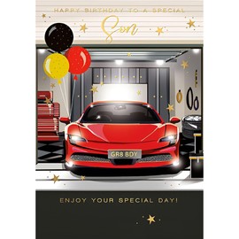 Words 'n' Wishes Special Son Birthday Card - Happy Birthday Card with Sports Car Design and Foil Details - Birthday Card for Men or Boys