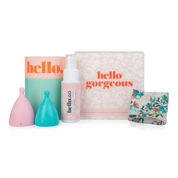The Hello Cup Hello Starter Pack, Includes 2 Hello Cups (S/M & L), 1 Hello Liners, 1 Hello Go Spray, 1 Box