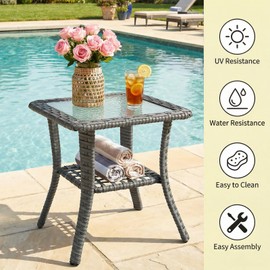 Dienspeak Patio Tables Wicker Side Table, Rattan End Table with Glass Top for Outdoor Outside Patio Porch Deck Square Brown