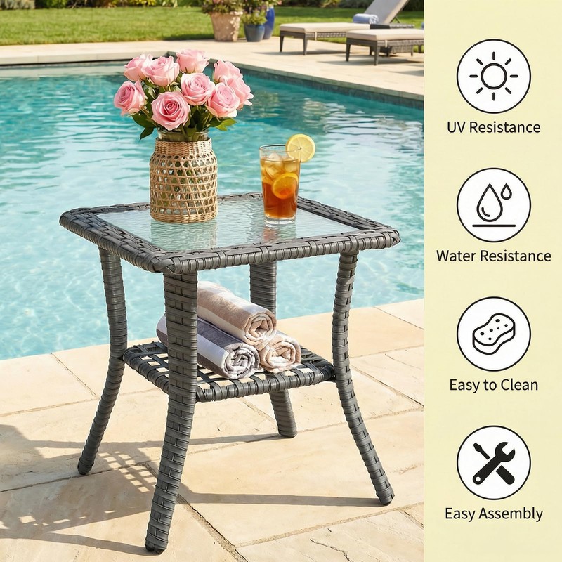 Dienspeak Patio Tables Wicker Side Table, Rattan End Table with