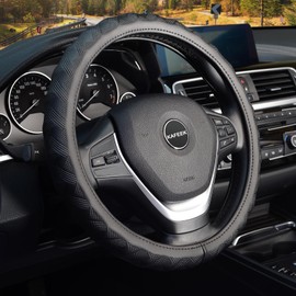 KAFEEK Steering Wheel Cover, Universal 15 inch, Microfiber Leather, Bamboo Weave Style,Breathable Non-Slip,Black