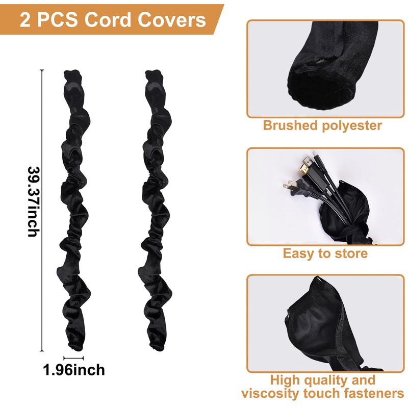 Chandelier Black Cord Cover 2 Pack Touch Fasteners 70.8inches,Brushed Polyester