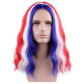 BERON Mens 4th of July Long Curly Wigs for Boys Red White and Blue Mixed Middle Part Wig Flag Wigs Independence Day Costume Cosplay Party Wig