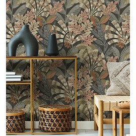 GAULAN 500681999 Non-Woven Wallpaper Durable Washable Wallpaper with Ethnic Leaves on Black Background in Tropical Style for Living Room Kitchen - Pattern DIN A4