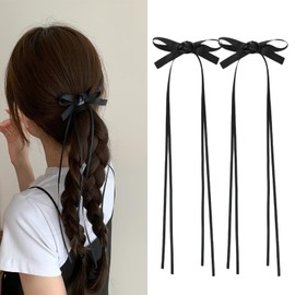 2 Pcs Black Rose Bow Ribbon Hair Clips Bowknot Long Tassel Ribbon Hair Clip French Ballet Style Hair Styling Accessories for Women
